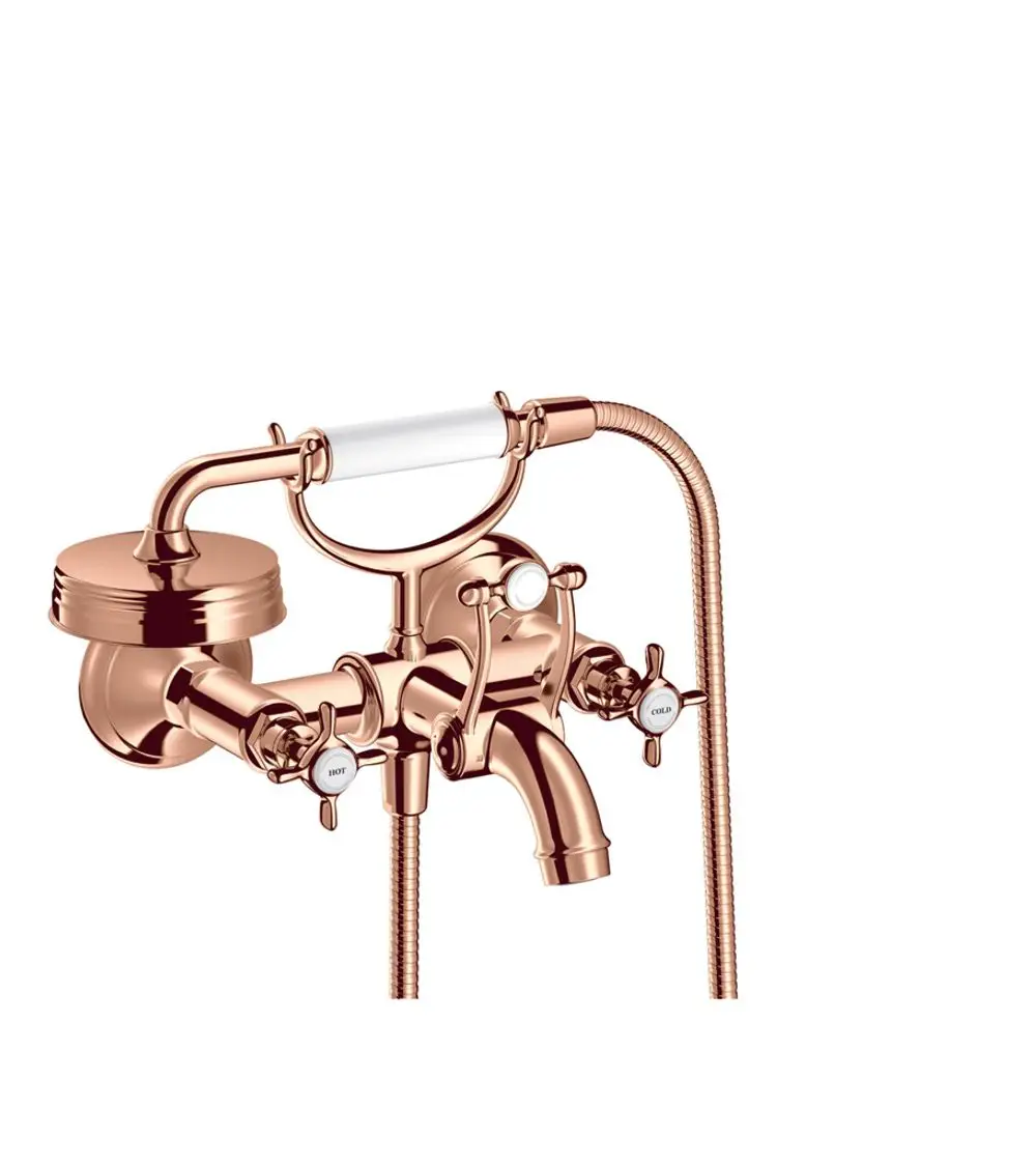 Wannenarmatur mit zwei Kreuzgriffen in glänzendem Rotgold, hergestellt von AXOR, mit flexibler Handbrause und regulierbaren Wasseranschlüssen.